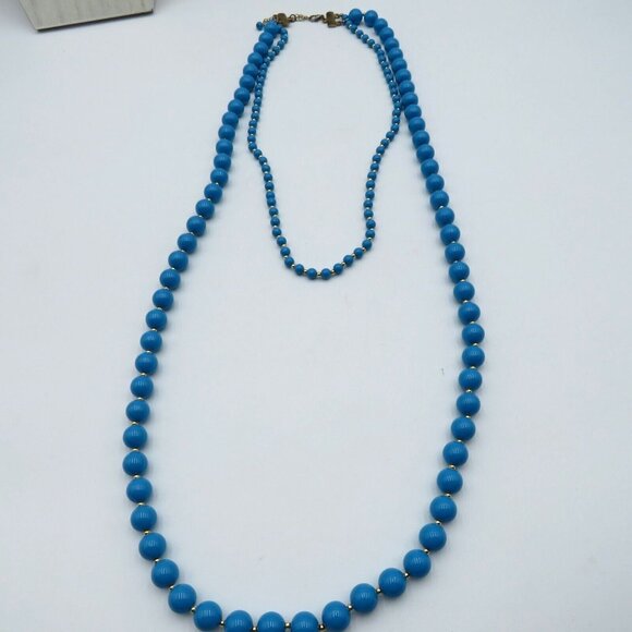 Vintage Hong Kong 24" Blue Beaded Necklace With Gold Tone Accents - Picture 7 of 11